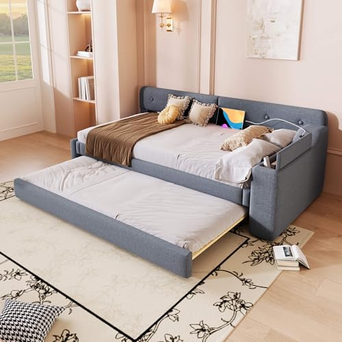 HYUB Polsterbett Tagesbett 90x200 cm mit Ausziehbett und Rückenlehne, Schlafsofa Daybett mit Lattenrost, Bett für Schlafzimmer und Gästezimmer, Leinenstoff, Grau
