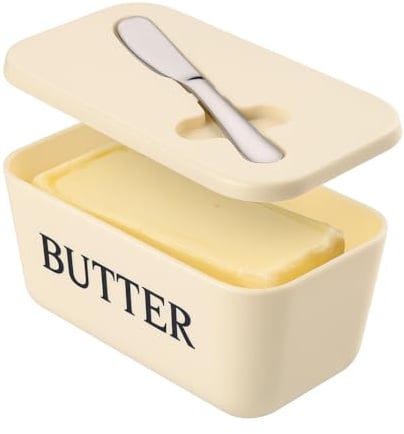 Butter Dish with Lid and Knife for Kitchen Coutertop,Food Grade PP Butter Holder with Cover and Stainless Steel Knife,Large White Butter Conainter