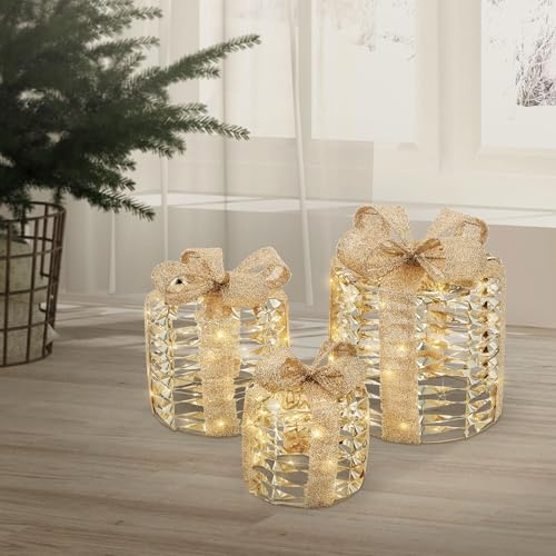ECD Germany Set di 3 Scatole Regalo Illuminate con 135 LED Bianco Caldo Oro, Batteria con Timer, Struttura in Filo, Decorazioni Natalizie Casa, Pacco Regalo Luminoso per Albero di Natale e Feste