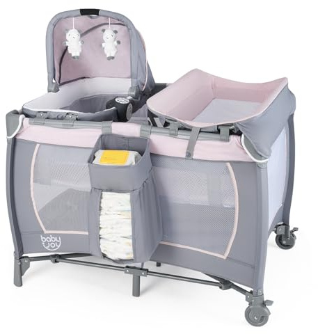 COSTWAY Cuna de Viaje Bebe con Colchón, 5 en 1 Centro de Actividades para Bebés con Cuna Mecedora y Cambiador, Barra de Juguetes, Caja de Música y Bolsa de Transporte, Ruedas Móviles (Rosado)