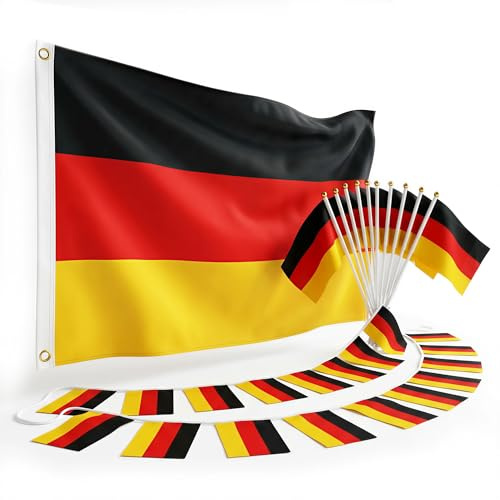 WM 2026 Deutschland Flagge - 1x Große Outdoor Flagge 90x150cm (210D Oxford-Gewebe), 10x Handfahnen & 8m Wimpelkette - Wetterfestes Deko Set für Fußball EM/WM, Garten, Bar