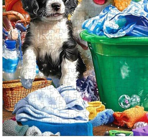 Tierpuzzle Entspannendes Designspiel mit Hund und Wäsche im Bild