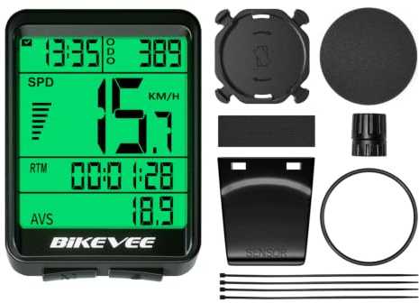 Bikevee Computer per bicicletta senza fili, tachimetro con sensore radio, avvio e arresto automatici, retroilluminazione a LED verde, velocità, distanza, tempo, impermeabile, per MTB e bici da corsa