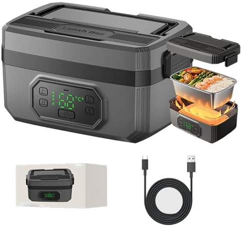 Self Heating Lunch Box, Portable Electric Food Warmer with Timer Control, 1.6L Removable Tray, 24000mAh Battery, 304 Stainless Steel, Ideal for Work, Travel, Camping