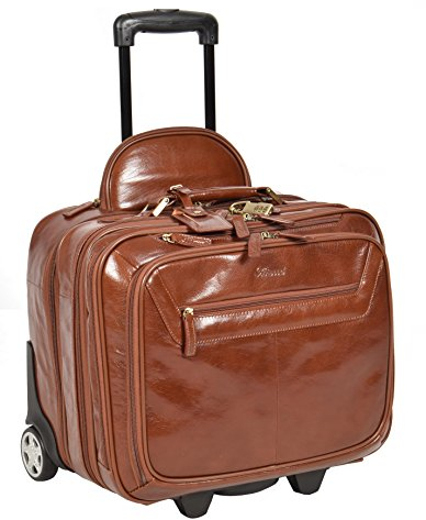 A1 FASHION GOODS Maletín de piel de castaño real con ruedas, para portátil, negocios, viajes, fin de semana, bolsa de cabina AL1, marrón, M, Funda Pilot de piel rodante