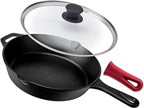 cuisinel Erfahrene Gusseisenbratpfanne mit Glasdeckel und Griffdeckel Sicheres Geschirr mit hitzebeständiger Auflage 10 Zoll Schwarz