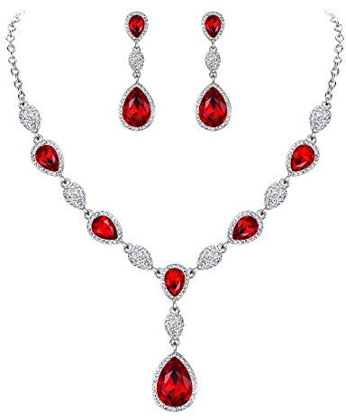 Clearine Damen Schmuck Set Hochzeit Braut Zirkonia Teardrop Y Halskette und Ohrringe Schmuckset für Frauen Rubin-Rot Silber-Ton
