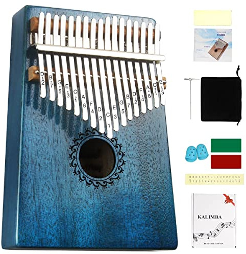 Kalimba Thumb Piano 17 Keys with mahogany Wood Portable Mbira Finger Piano Gifts for Friends and piano Beginners Professional （Bright blue）