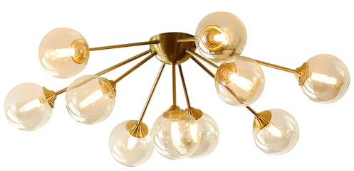 KCO Lighting Modern Bubble Lustre – Plafonnier en verre ambré à 10 lumières, montage semi-encastré du milieu du siècle, lustre Sputnik globe doré