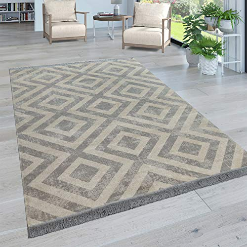 Paco Home Moderner Outdoor Teppich Geometrisches Rauten-Muster im Vintage-Look Flachgewebe Wetterfest & Pflegeleicht für Garten, Terrasse & Balkon, Grösse:60x100 cm, Farbe:Grau-Weiß