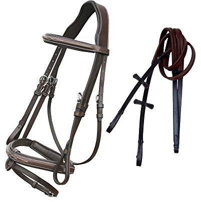 Exion Mors de saut anatomique pour chevaux avec muserolle amovible et rênes en caoutchouc – Cuir tanné végétal de qualité supérieure, boucles SS, monocouronne rembourrée, coutures de designer