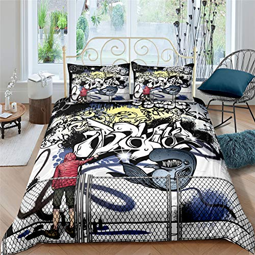 AYMAING Kinder Kids Graffiti Wall Betten Set Sreet Art Design Bettwäsche Set Weiche Mikrofaser Hiphop Stil Bettbezug mit 2 Kissenbezug 3 teilig 135x200 cm 80x80 cm,