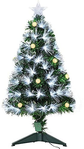 HOMCOM Albero di Natale Artificiale 90cm con 90 Rami, Albero di Natale con Luci a LED e Fibre Ottiche, Base Pieghevole Rimovibile