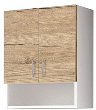 MaMa Store ATENALAV Pensile Doppio Bianco Opaco e Quercia Naturale con Vano a Giorno L. 60 cm x P. 22 cm x H. 71