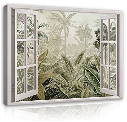 Bilder Fensterblick Wald Dschungel - Modern Canvas Leinwandbild XXL Illusion Fenster Schlafzimmer Wohnzimmer Wandbild Kunstdruck Wandbilder Wand Bild auf Leinwand Aufhängefertig (14051, 120x80 cm)