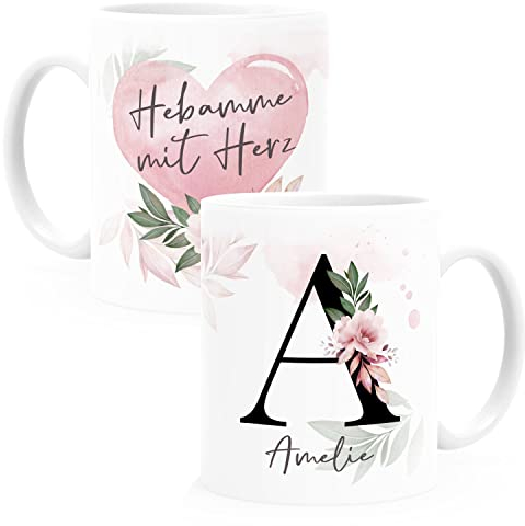 SpecialMe® Kaffee-Tasse mit Name und Spruch mit Herz Initiale Monogramm Dankeschön personalisierte Geschenke Hebamme weiß Keramik-Tasse