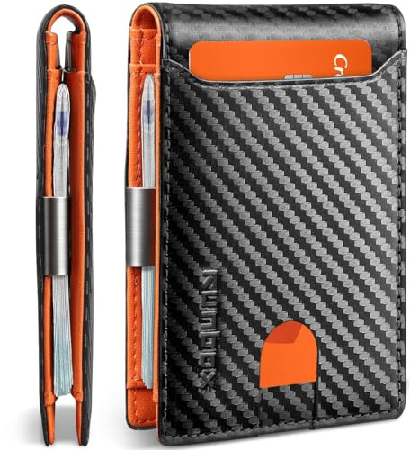 RUNBOX Slim Wallet for Men - RFID Blocking Leather Bifold with Money Clip