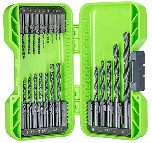 Greenworks Brocas HSS 135° con punta dividida (juego completo de 21 brocas de óxido negro de 1,5mm a 10mm compatibles con todos los taladros y destornilladores inalámbricos)