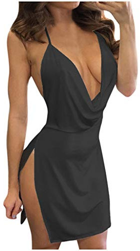 Ni_ka Robe De Soiree Femme Sexy Club Libertin Robes Fendu Courte Dos Nu Dresses Col en V Profond Bretelle Mini Dress Noir Gris Taille S à XL