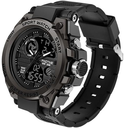 findtime Montre de Sport pour Homme avec Chronomètre Compte à Rebours Alarme, Grand Affichage Bracelet Noir en résine