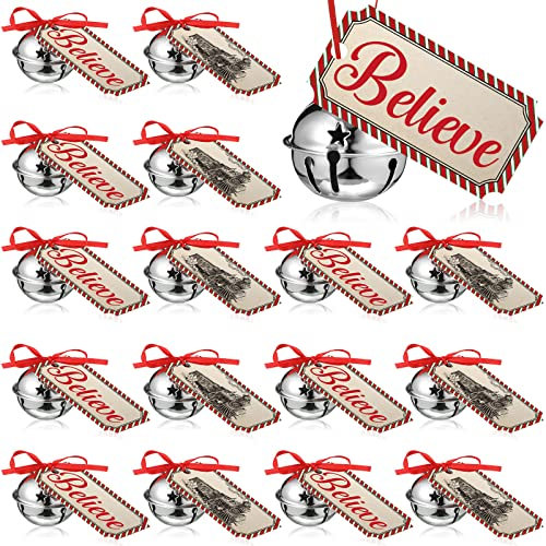 4,1 cm Weihnachtsglocke Ornament Schlittenglocken mit Christmas Believe Ticket Ribbon Zugticket Silber Weihnachtsbaum Glocke für Weihnachten Geschenk Baum (24 Set)