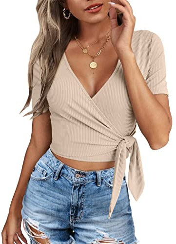 Short Sleeve Crop Tops for Women Unique Cross Cropped Tops V Neck Shirts Beige M