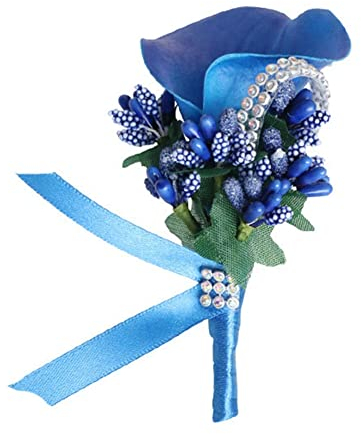 SHTGOI Calla Lily Boutonniere Künstlicher Blumenstrauß Strass Brosche Handgefertigte Ansteckblume mit Sicherheitsnadel Blume Corsagen Hochzeit Zubehör für Braut Bräutigam Klein Blau