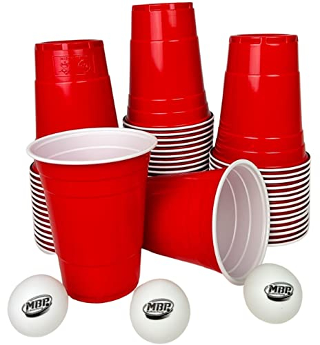 MBP My Beer Pong Lot de 50 gobelets en plastique rouges + 3 balles - 473 ml - Convient à un usage alimentaire et robuste - Réutilisables et passent au lave-vaisselle