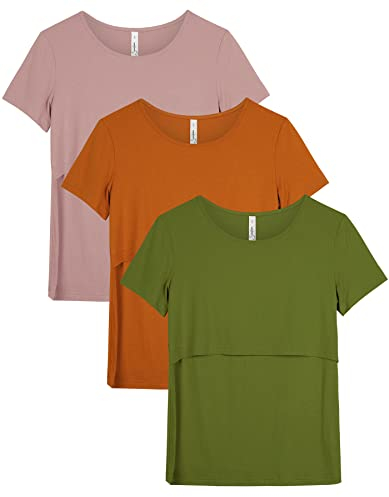 Sosolism Lot de 3 T-Shirts d'allaitement à Manches Courtes pour l'Été Shirts Décontractés pour Femmes Enceintes et Postpartum Rose, Orange, Vert Olive, XX-Large