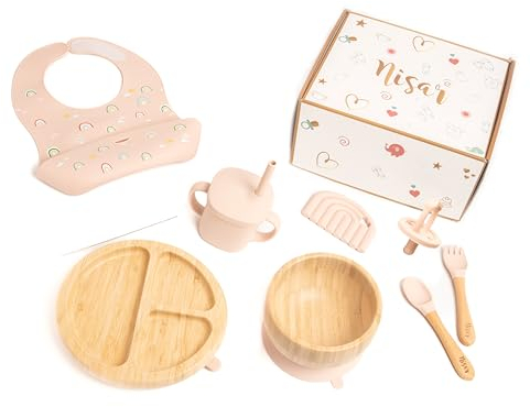Coffret Repas Bébé en Bambou et Silicone Sans BPA - Set de table bébé - Complet avec Bavoir, Couverts, Bol Ventouse, Sucette, Anneau de Dentition - Idéal Cadeau (Rose)