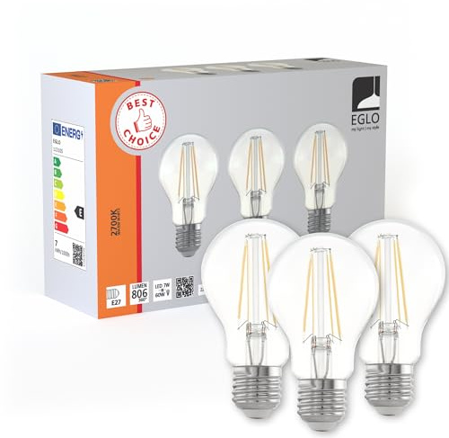 EGLO 3er Set E27 LED Lampen, Glühbirnen klassisch | Leuchtmittel für Retro Beleuchtung, je 7 Watt, warmweiß, 2700 K, transparent, Edison Birne A60, Ø 6 cm