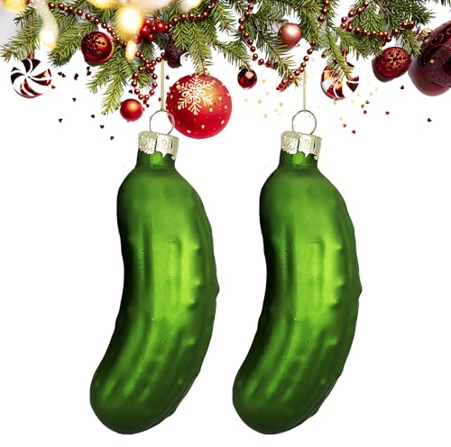 2 Stück Weihnachts-Glasgurken Ornament für Weihnachtsbaumschmuck, lustige grüne Glücksgurke für Weihnachten, Weihnachtsbaum, Feiertage, Dekorationen (Gurke, 2)