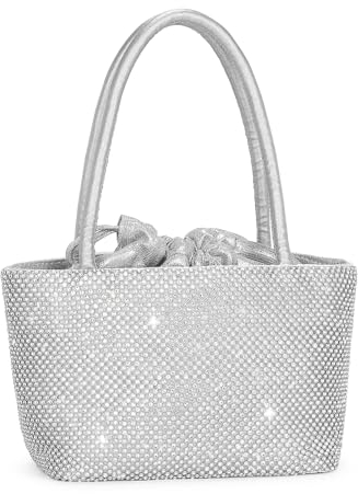 UBORSE Damen Clutch Abendtasche Glitzer Umhängetasche kleine Strass Handtasche Schultertasche Kette Tasche für Braut Hochzeit Party Disko - Silber