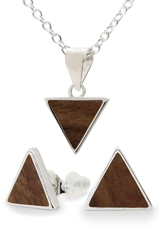 NaturSchatulle Holzschmuck Set Ohrringe Halskette Dreieck 9mm Damen Holzohrringe 925 Silber Nussbaum Holz Ohrstecker Schmuck (Set)