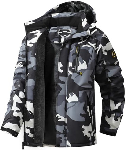 MAOYSSEN Herren Skijacke Warm Winter Schnee Mantel Wasserdicht Berg Windbreaker Snowboardjacke Kapuze für Wandern Reisen, Schwarz Camouflage, M