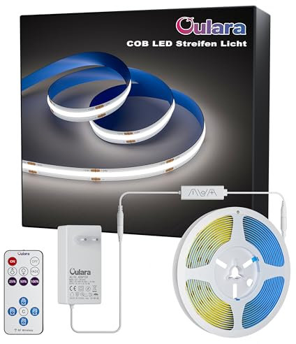 OULARA COB LED Streifen KaltesWeiß 6000K,6M Dimmbar 24V Flexibel LED Strip light Set mit RF Fernbedienung und Netzteil,CRI90+ Hell Unterbauleuchte für Home DIY Dekoration,Timerfunktion