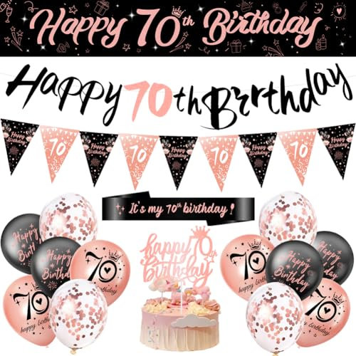 70th Birthday Decorations for Women - Banner, Bunting, Balloons, Triangle Flags, Cake Toppers and Sash - Happy Party Decoration