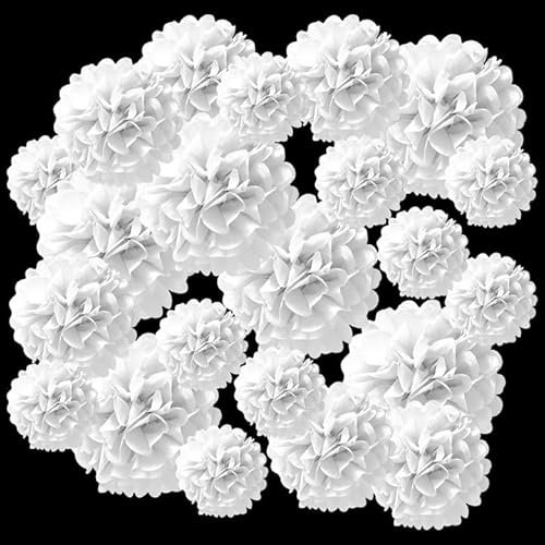 SHUESS 30 Stück Pompoms Dekoration Weiß, Party Dekoration Pompons, Seidenpapier Pom Poms für Hochzeitsdeko Tischdekoration Geburtstag Party Deko, Vintage Deko