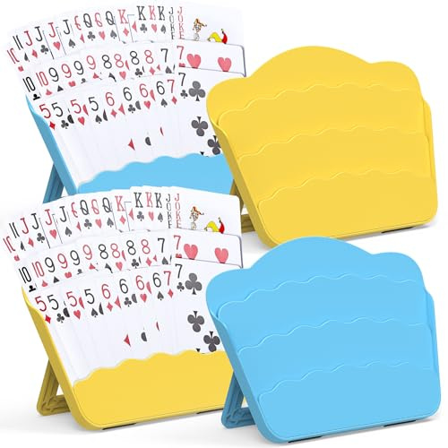 RESOVO Spielkartenhalter Ständer Decks mit faltbarem Tischständer, 3 Ebenen Design für Poker UNO Karten, Spielkartenzubehör, 4er-Set (2 blau + 2 gelb)