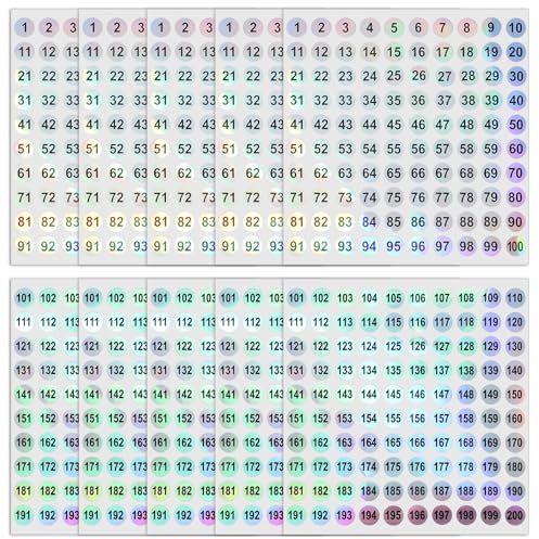 Holografische Zahlen-aufkleber 1-200 10 Blatt Nummernaufkleber Runde Zahlen Aufkleber Selbstklebende Mini Laser Nummernaufkleber Klebepunkte Etiketten für Büros Schließfächerheim