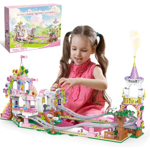 TOY PLAYER Friends Blumen Prinzessinnen Schloss mit Achterbahn Klemmbausteine Baustein, STEM kreatives Vergnügungspark Bausteinset für Mädchen 6+ Jahren(991 PCS)