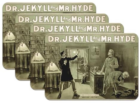 Tischsets mit Gummiunterseite, altes Filmplakat, Doctor Jekyll and Mister Hyde, Gravur, Wandkunst, Kino-Poster, groß, 39,5 x 28,5 cm, 4 Stück