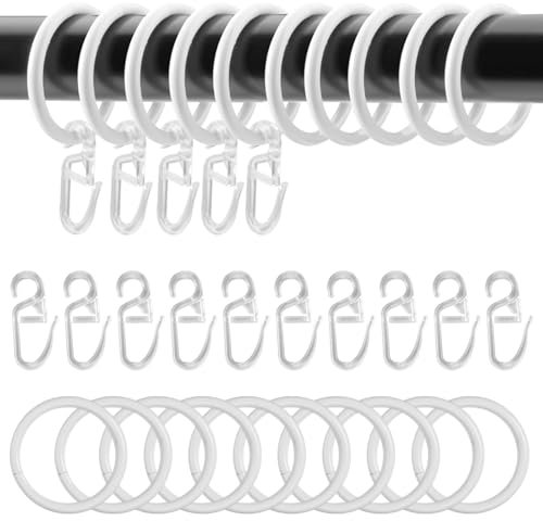 50 Pezzi Anelli per Tende in Metallo con Ganci, Gancio per Anelli Tenda, 30 mm Diametro Interno, Anelli per Tende con Ganci Bianchi, con 50 Ganci per Tende,Anelli per Tende per Bastoni da Tenda