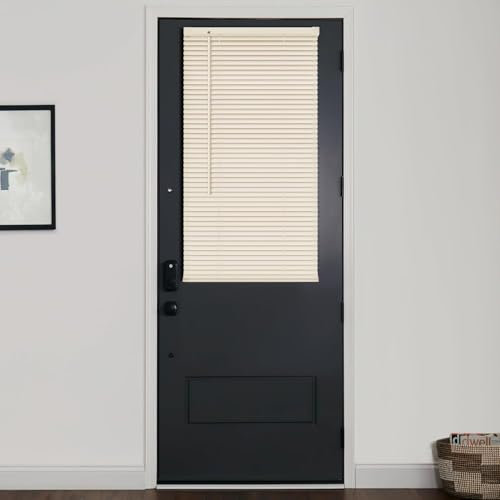 LazBlinds 1 Vinyl Mini Blinds for Doors, Cordless French Door Blinds for Privacy, Light Filtering Privacy Horizontal Shades for Front Door Patio Sidelight Glass Door, 28 W x 72 H, Beige