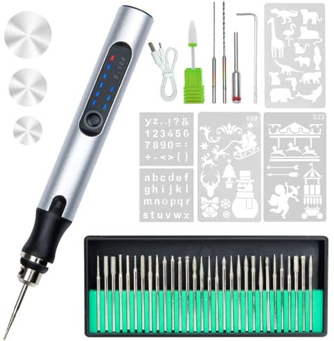 Airmpa Stylo de Gravure Électrique, réglable jusqu'à 18 000 tr/min, rechargeable par USB, kit d'outils de gravure pour Métal, Bois, Verre, Plastique, Bijoux et Pierre de gravure DIY