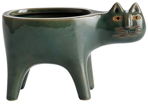 Maceta para plantas suculentas, maceta de cerámica con forma de gato, decoración del hogar, color verde oscuro, macetas