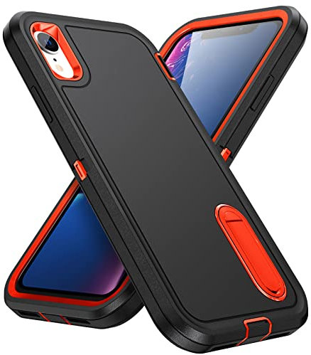 Pritify 3-Layer Armour Case for Iphone 7/8/SE with Heavy Duty Kickstand & Raised Camera Guard, Rugged Tough Back Case, Shockproof Military Grade Protective Back Cover | Black-Orange