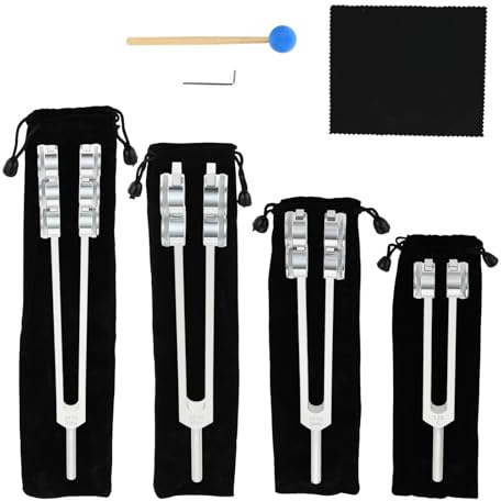 Otto Tuners Weighted Tuning Fork Set - 32 Hz 48 Hz 64 Hz and 128 Hz Tuning Forks with Hammer Wrench and Carry Bag (4 Pcs)