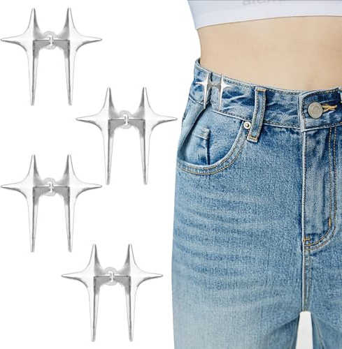 Four-Pointed Star Jeans Buttons Pins, 4 Pairs Waist Tightener Clips, Jean Tightening Clips Jeans Waist Tightener, Adjustable Button Pins Detachable, Button Adjuster for Pants, Skirts