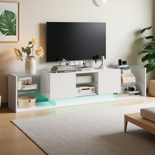 Meuble TV de 200 cm pour Les téléviseurs jusqu'à 90, avec Étagères Ouvertes en Verre, 2 Tiroir de Rangement, Moderne, pour Salon, Salle, Chambre,200 x 35 x 45 cm, Blanc